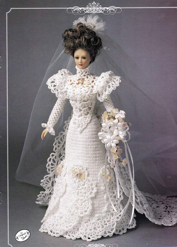1900 S Wedding Gown Pattern For 11 1 2 Inch Fashion Dolls Train And Veil Shoulder Ruffles Scalloped Hem High Collar Annie S Attic