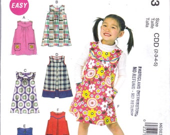 Girls Pullover Dresses, Front Gathered or Pleated into Front Yoke,Patch Pocket Option, Angel Wing Sleeves, McCalls 6983, Size 2,3,4,5, uncut