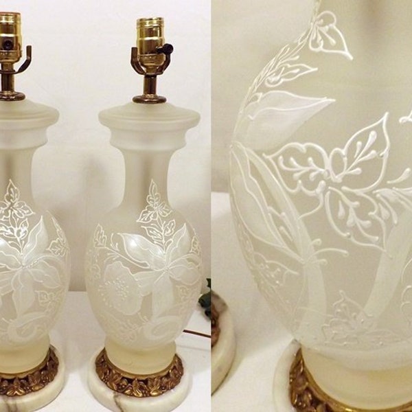 Pair of Vintage 60's Hand Painted White Frosted Glass Table Lamps