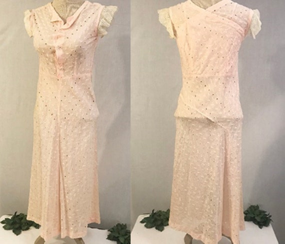 30s Dress | Antique 30s Pink Cotton Eyelet Evening