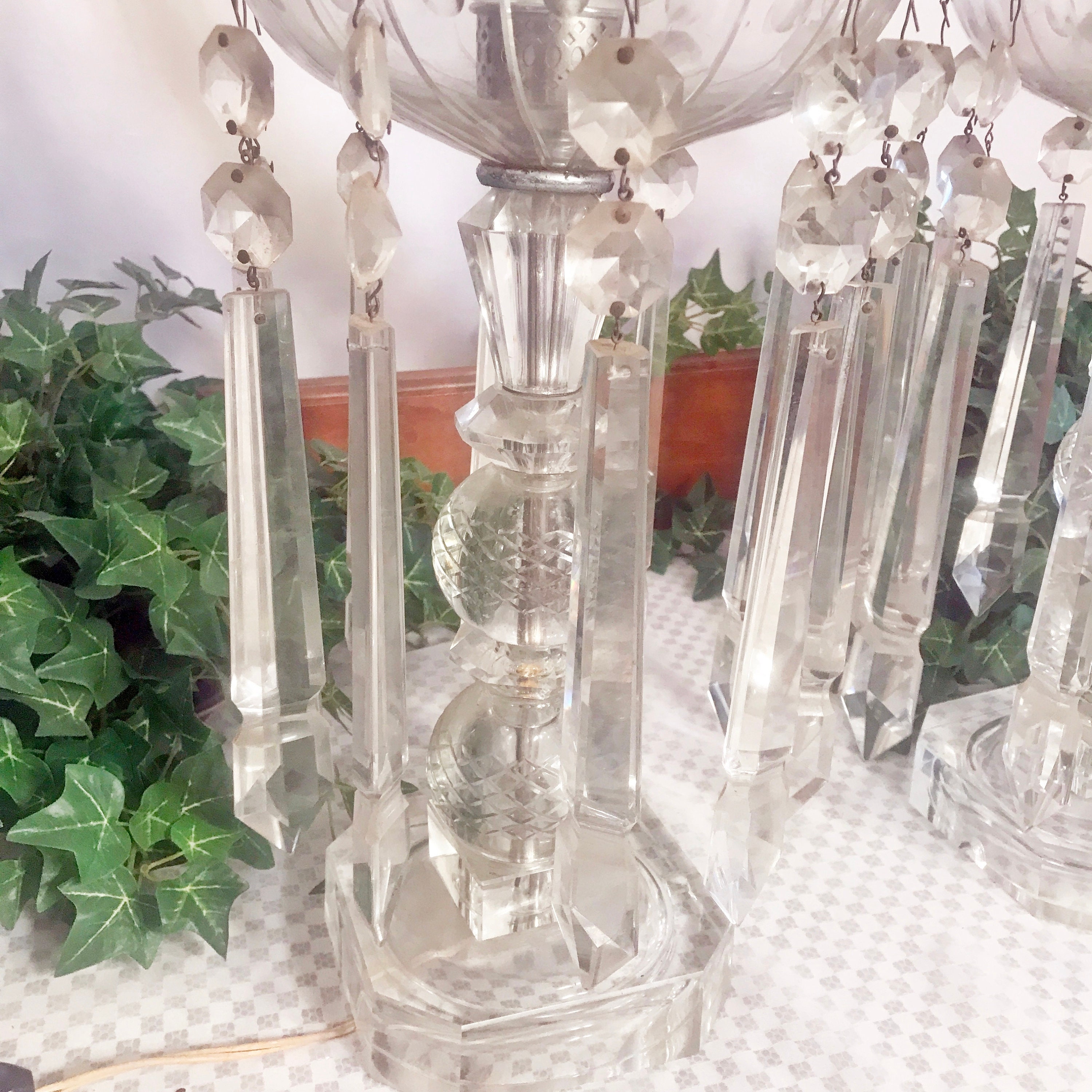 Antique Pair Crystal Prism Glass Large Mantle Lamps Etsy