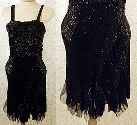 30's Dress | Antique 30s Black Beaded Flapper Dres