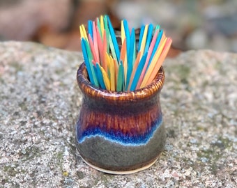 Toothpick Holder - Matchstick Keeper - Handmade Small Ceramic Vase - Miniature Pottery - Kitchen Decor - Stone Grey with Purple Blue Swirl