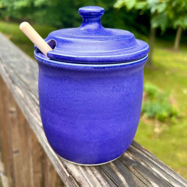 Honey Jar and Dipper, Ceramic Honey Pot, Handmade Pottery, Kitchen Food Container Storage, Purple Blue Violet