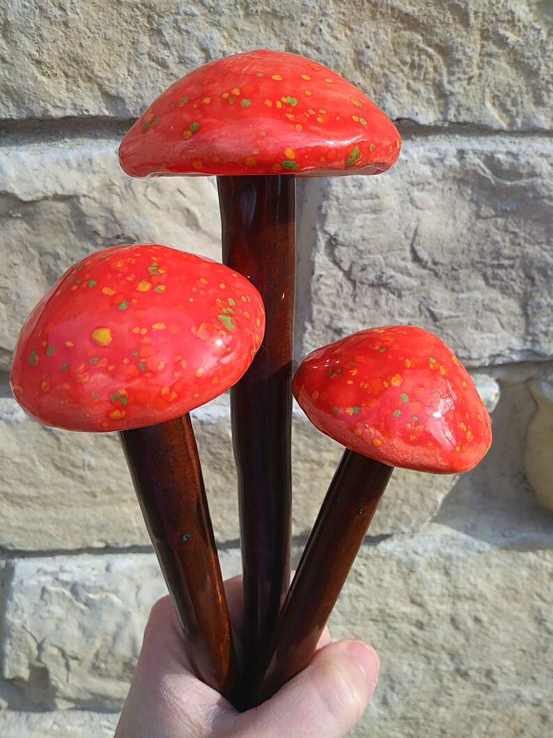 Garten Pilz Stakes gefleckt rote Trio Keramik Pilze | Etsy