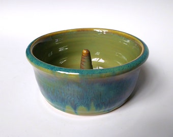 Apple Baker Bowl, Apple Baking Dish, Stoneware Ceramic Pottery, Healthy Snack Bowl, Green Apple with Blue Drizzle, Handmade Cooking Gadget