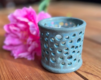Blue Stone Candle Holder Ceramic Votive, Stoneware Pottery Candle, Natural Home Decor Decoration Modern Luminary, Handmade Candle Holder
