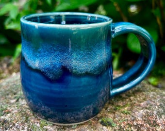 Handmade Stoneware Coffee Mug, Blue Green Pottery Tea Cup (10 oz)