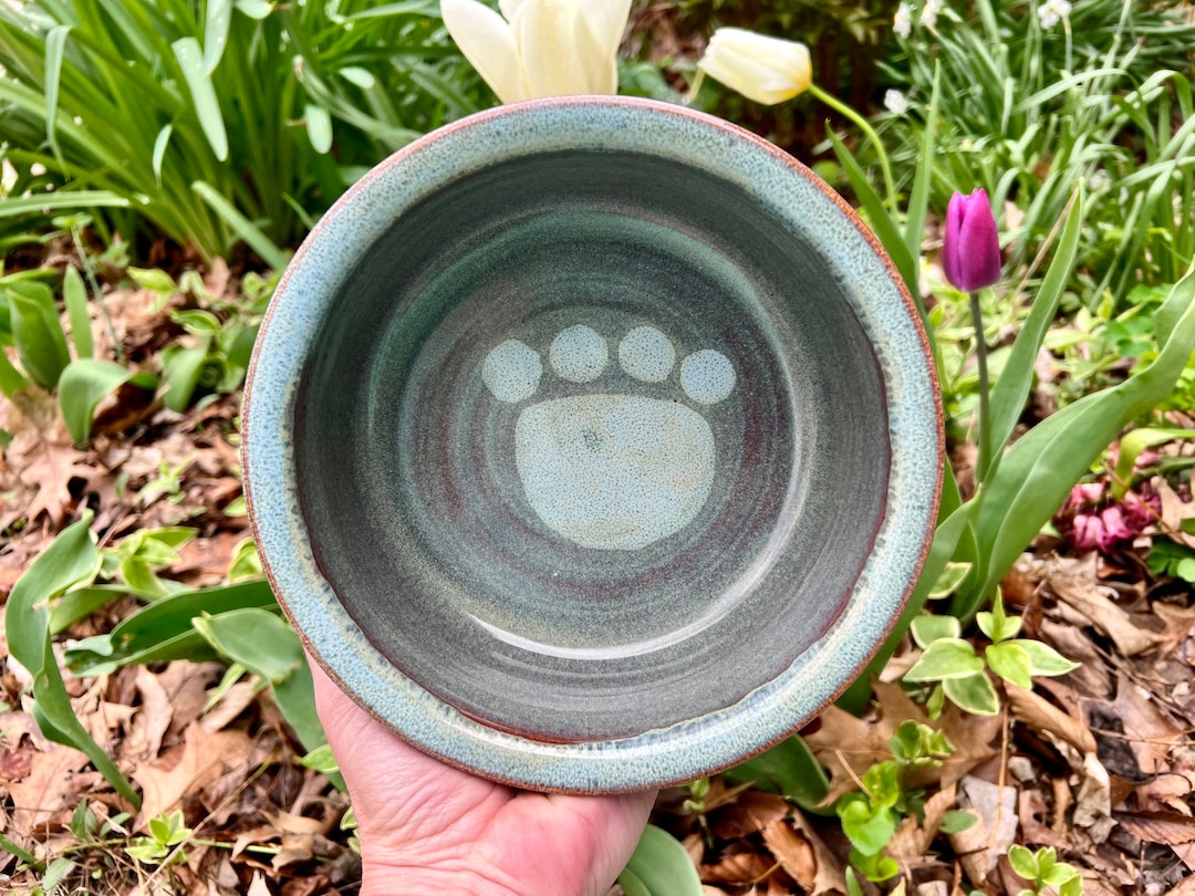 Large Dog Dish, Ceramic Pet Dish, Dog Bowl, Paw Print Stoneware Dog or
