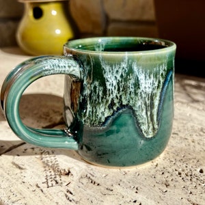 Ceramic Coffee Mug 10 oz, Best Handmade Mugs, Tea Cup Coffee Cup,  Green with Frothy White, Unique Mug Coffee Cup, Gifts for Coffee Lovers