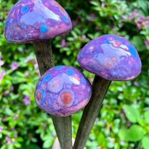 Garden Decor, Ceramic Mushroom Stakes,  Purple Outdoor Garden Stakes, Fairy & Gnome Decor, Outdoor Decoration, Yard Art, Clay Mushroom