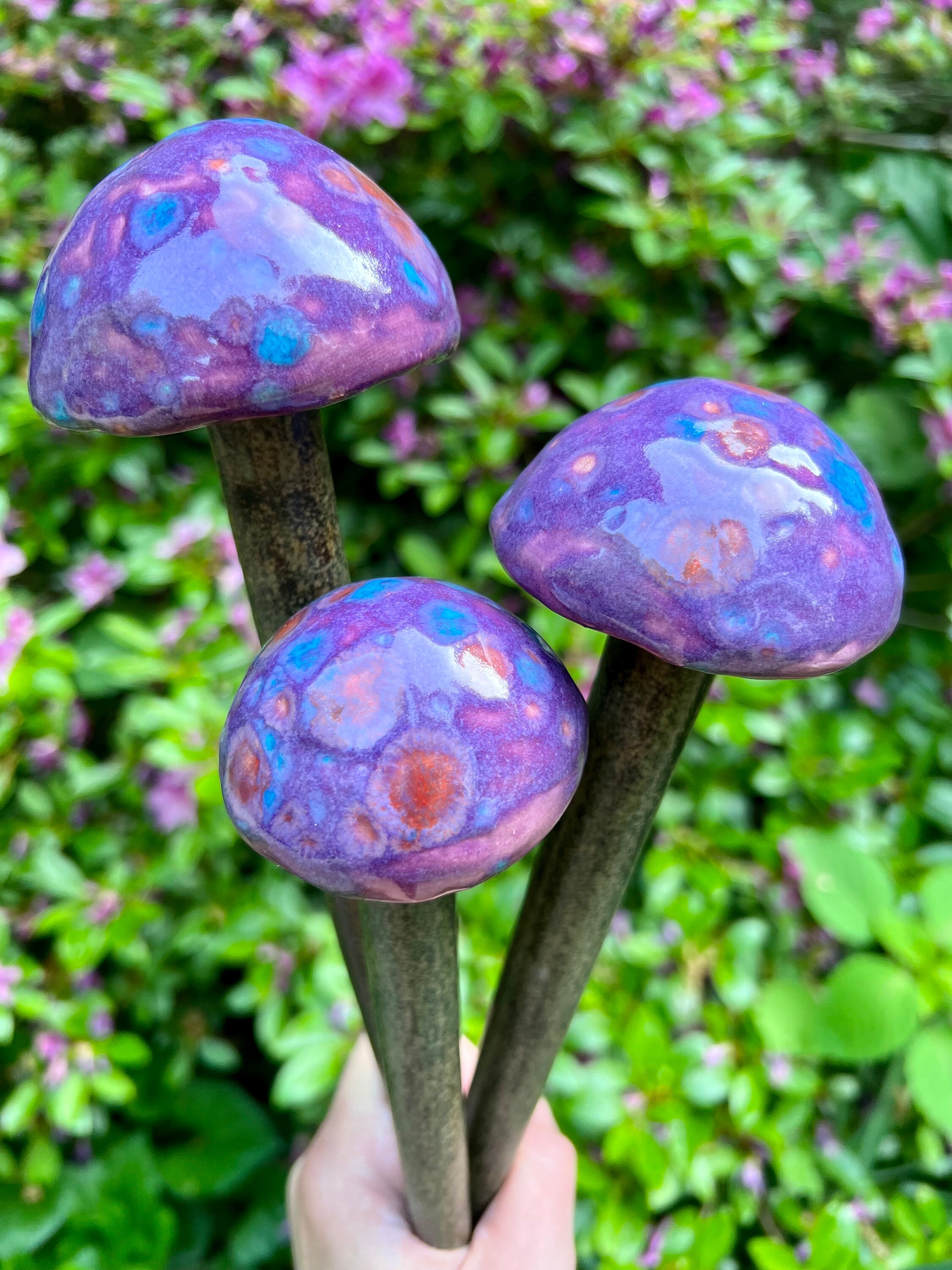 Garden Decor Ceramic Mushroom Stakes Purple Outdoor Garden - Etsy