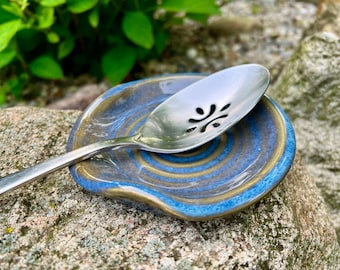 Handmade Ceramic Spoon Rest: Blue Stoneware Kitchen Decor