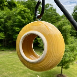 Yellow Ceramic Bird Feeder: Modern Hanging Stoneware Pottery, Garden Decor