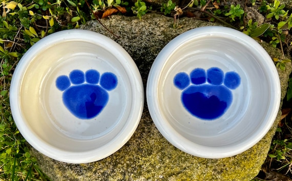 セラミック製犬用ボウル（2個セット）：X-Small 足跡柄ペット用食器