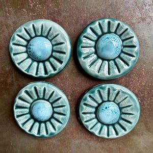 Handmade Ceramic Flower Magnets: Blue Green Refrigerator Decor, Set of 4
