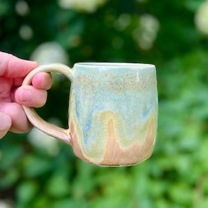 Ceramic Coffee Mug 10 oz., Yellow and Mint Green Mug, Unique Handmade Tea Cup, Gifts for Women, Best Coffee Mugs, Stoneware Pottery