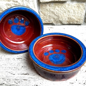Dog Bowl Ceramic Set of 2 Pet Dishes, Dog Food Dish, Dog Feeding Supplies, Handmade Stoneware Pottery, Sienna Blush with Blue
