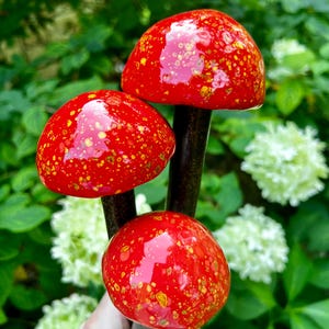 Garden Decor, Ceramic Mushroom Stakes, Red Outdoor Garden Stakes, Fairy & Gnome Decor, Outdoor Decoration, Unique Yard Art, Clay Mushrooms