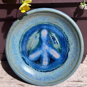 Peace Sign Ceramic Plate: Blue Stone Glaze Jewelry Dish