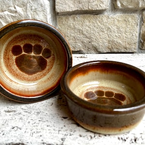 Ceramic Dog Dishes, Puppy Bowl Set of 2,  Bowls for Pet Dogs, Paw Print Stoneware Supplies, Tan And Amber Pottery Food and Water Dish