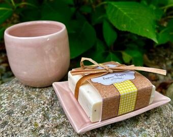Ceramic Soap Dish and 6 oz Cup Bathroom Set, Pale Pink Bathroom Kitchen Decor, Soap Holder, Handmade Stoneware Soap Plate and Tumbler