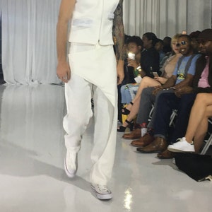White linen pants with panels avant-garde futuristic with asymmetrical panels and cuffs. Unisex minimalist handmade gift for him and you
