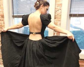 Black Ball silk taffeta Gown Backless - could be black wedding gown for minimalist bride, handmade gift