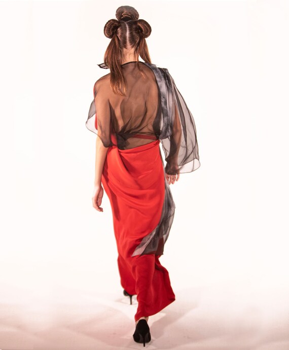 modern geisha dress Geisha 4. Futuristic Modern Asymmetrical Kimono Red Black and Grey Silk  Wrap Dress Sheer Back High Slit Front Satin, Organza, Net