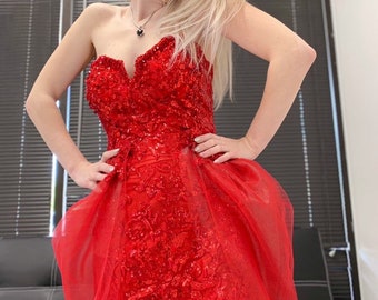 Red Hot Deal Fire sequined and beaded 3-way dress with detachable long and short skirts and deep neckline. Minimalist handmade gift women