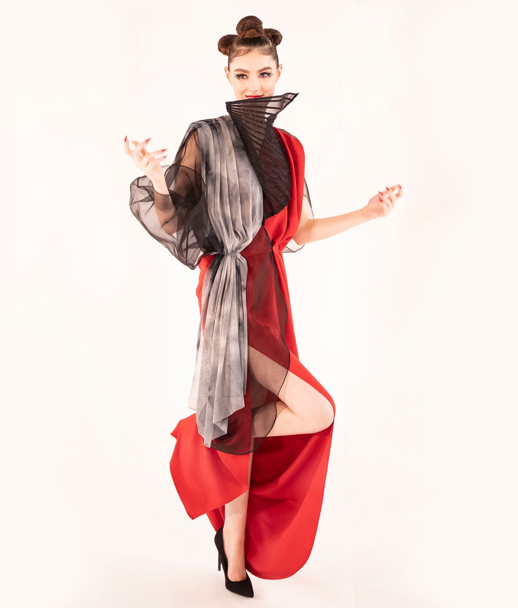 Geisha 4. Futuristic Modern Asymmetrical Kimono Red Black