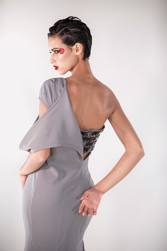 Samurai 1. Futuristic 2-piece Grey Asymmetrical Dress and
