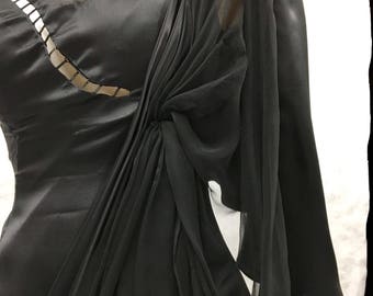 Grecian black silk charmeuse and chiffon LBD
