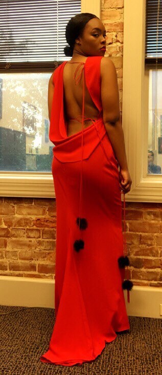 SOLD. Body Positive Red Backless gown - modesty panel available