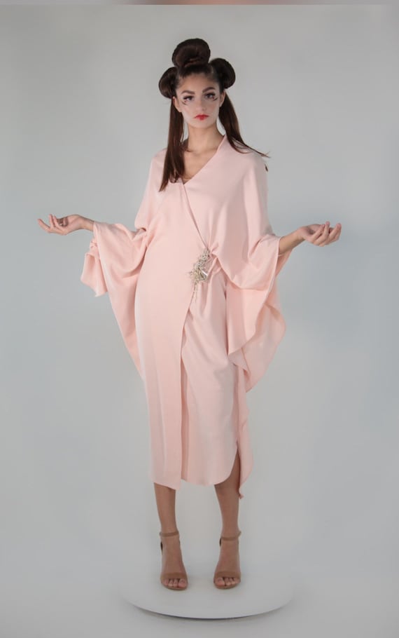 Geisha 2. Modern futuristic kimono wrap dress asymmetrical draped tender pink hand beaded pearl brooch back draped obi Geisha 2. Modern futuristic kimono wrap dress asymmetrical draped tender pink hand beaded pearl brooch back draped obi