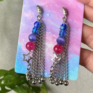 Bisexual Pride Star Earrings w/ Flag Colors, Silver Chains pink purple blue, LGBTQ+ Charm, Pickle Love, Freedom & Self-Expression!