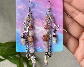 Cosmic Stardust Earrings - Celestial and Earthy Dangle earrings, Stars and Sparkle. Beige, Gold, Cream dangling- stocking stuffer, christmas