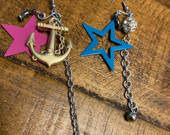 Star + Anchor fashion earrings, pink and blue dangling earrings, star drop earrings, anchor earrings, dangly earrings, punk rock earrings