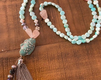 Opal Blue gemstone mala with fish bead and metal tassel, spiritual jewelry, opal necklace, pink rose quartz beaded necklace, fancy jewelry