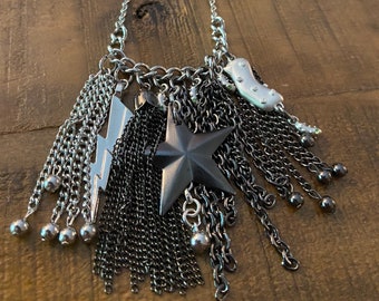 Silver and gunmetal FRINGE TASSEL necklace, tassel jewelry, metal tassels, star charm, pickle charm, lightning bolt charm, badass necklace