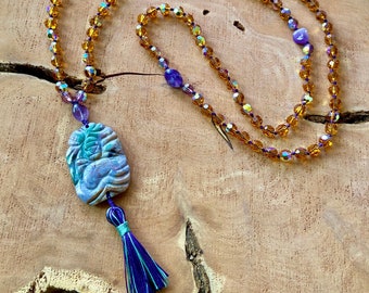 Vintage Crystal, Topaz & Amethyst Mala Necklace, Prayer bead, Hand knotted, Chakra,108 prayer beads, Prayer mat, Yoga jewelry, Tassel