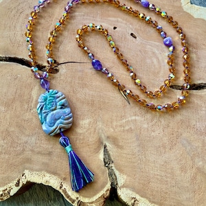 Vintage Crystal, Topaz & Amethyst Mala Necklace, Prayer bead, Hand knotted, Chakra,108 prayer beads, Prayer mat, Yoga jewelry, Tassel