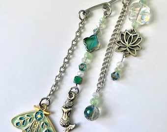 Green Moth & Mermaid Ear Cuff w/ Lotus Charm, Beaded Chains, Handmade Boho Earring, Festival Jewelry, Statement Cuff