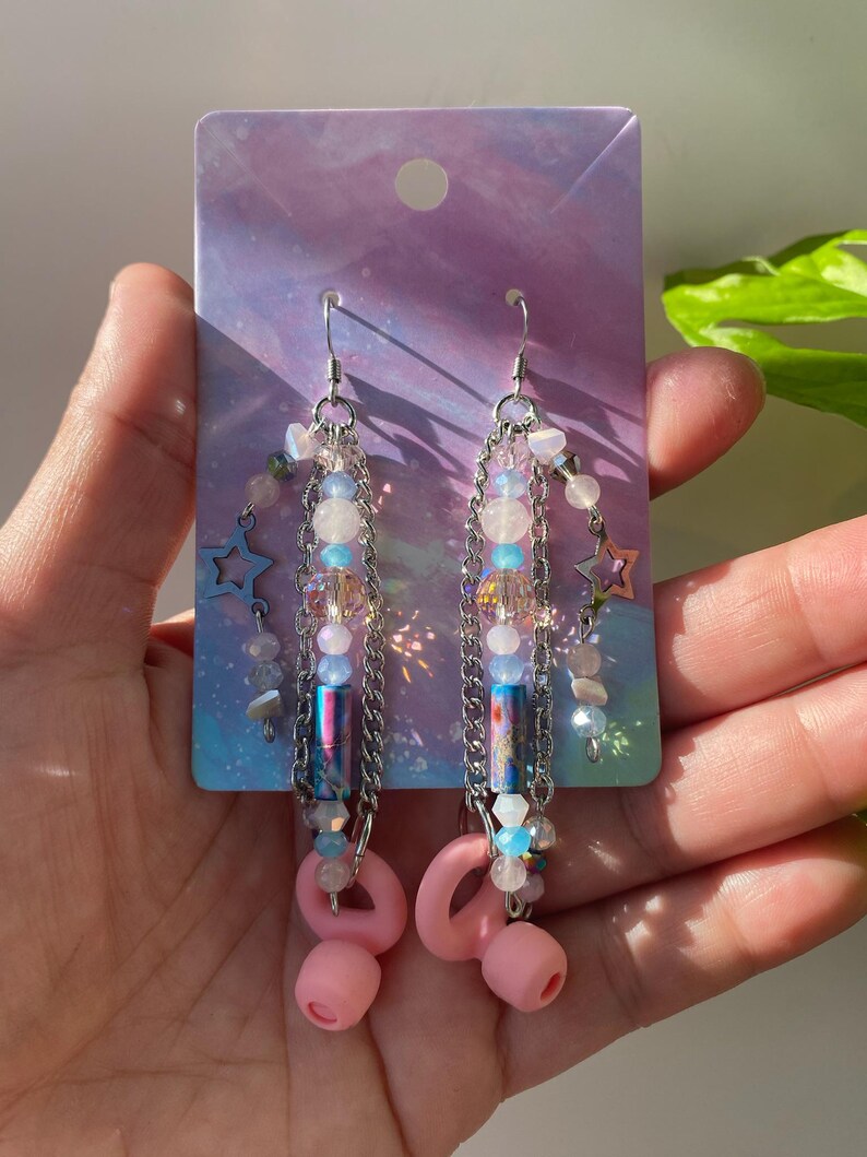 Be Quiet! Sound Buffer Earrings w/ Earplugs, Pink, Blue Rose Quartz, like Loop, Raves, Festivals Concerts. Neurodivergent Sound Sensitivity!