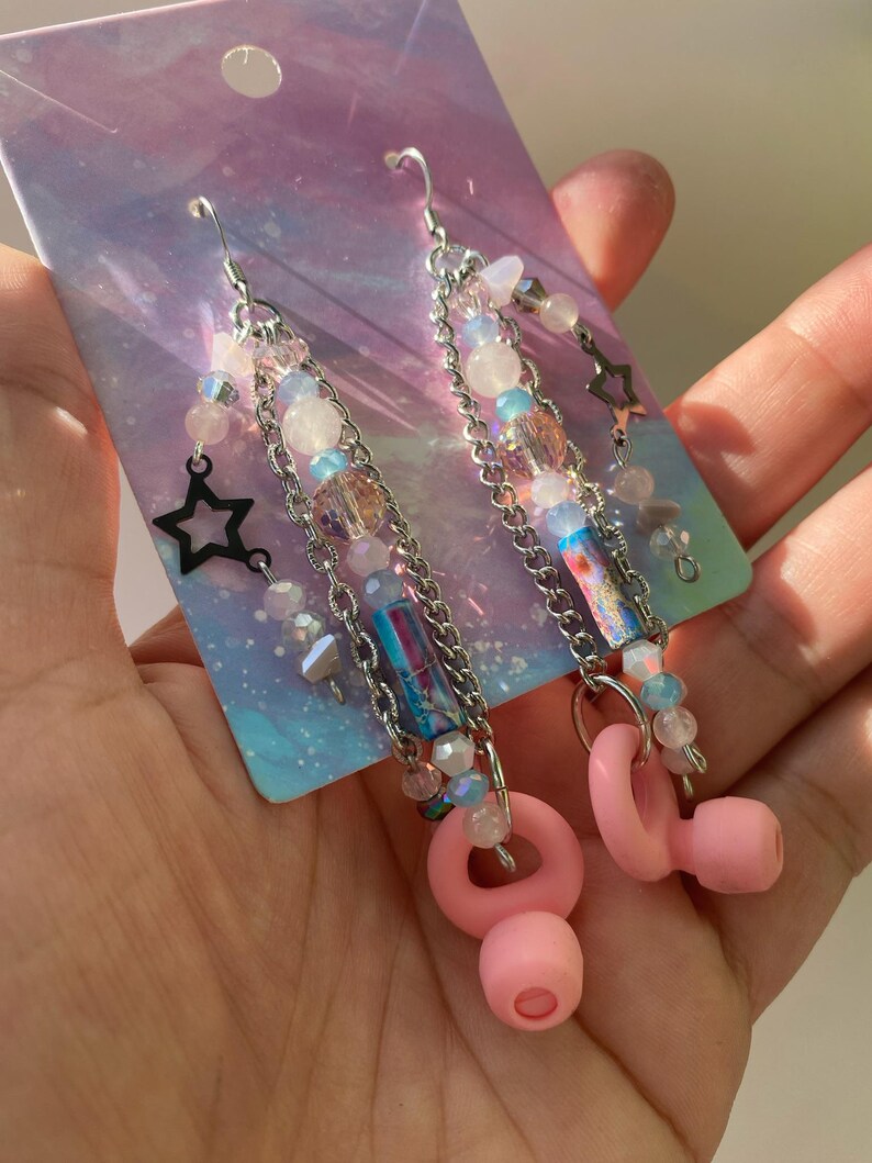 Be Quiet! Sound Buffer Earrings w/ Earplugs, Pink, Blue Rose Quartz, like Loop, Raves, Festivals Concerts. Neurodivergent Sound Sensitivity!