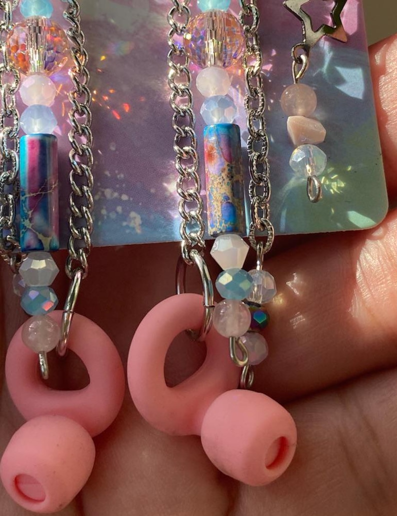 Be Quiet! Sound Buffer Earrings w/ Earplugs, Pink, Blue Rose Quartz, like Loop, Raves, Festivals Concerts. Neurodivergent Sound Sensitivity!