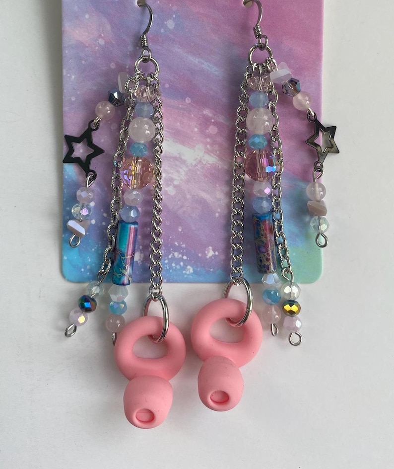 Be Quiet! Sound Buffer Earrings w/ Earplugs, Pink, Blue Rose Quartz, like Loop, Raves, Festivals Concerts. Neurodivergent Sound Sensitivity!