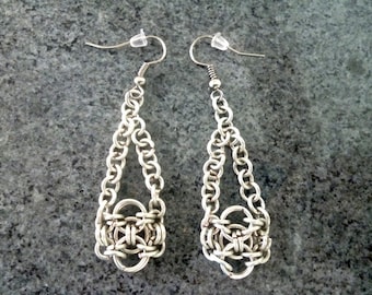 Celtic silver earrings, chainmaille earrings, Silver dangle earrings, Camelot earrings