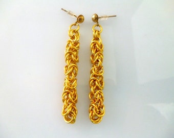 Long Gold earrings, gold chainmaille earrings, gold wire earrings, dangle gold earrings