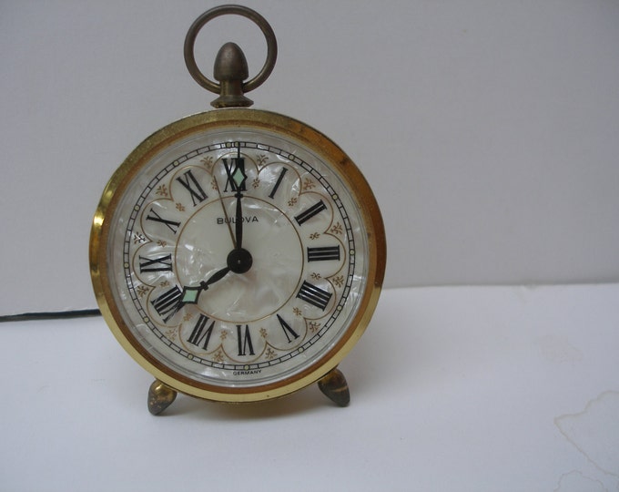 Working BULOVA Key Wind Alarm CLOCK Mother of Pearl Face From Germany